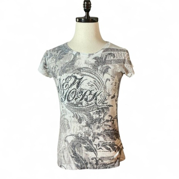 jay joshua Tops - Y2K Jay Joshua New York Graphic Print T Shirt White Black Rhinestone Embellished